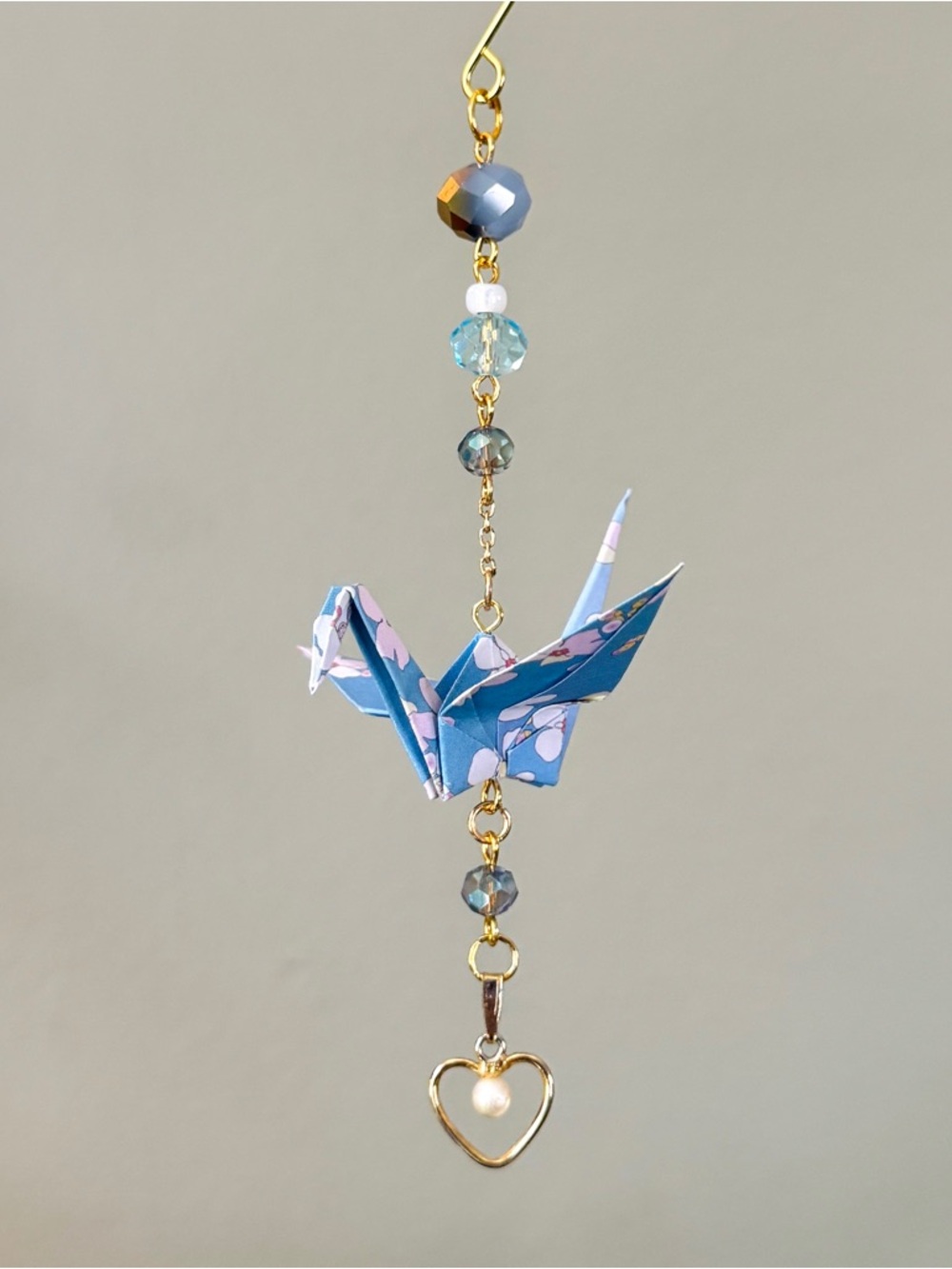 Origami Ornament #2441 - Small Crane with Repurposed Heart Pendant
